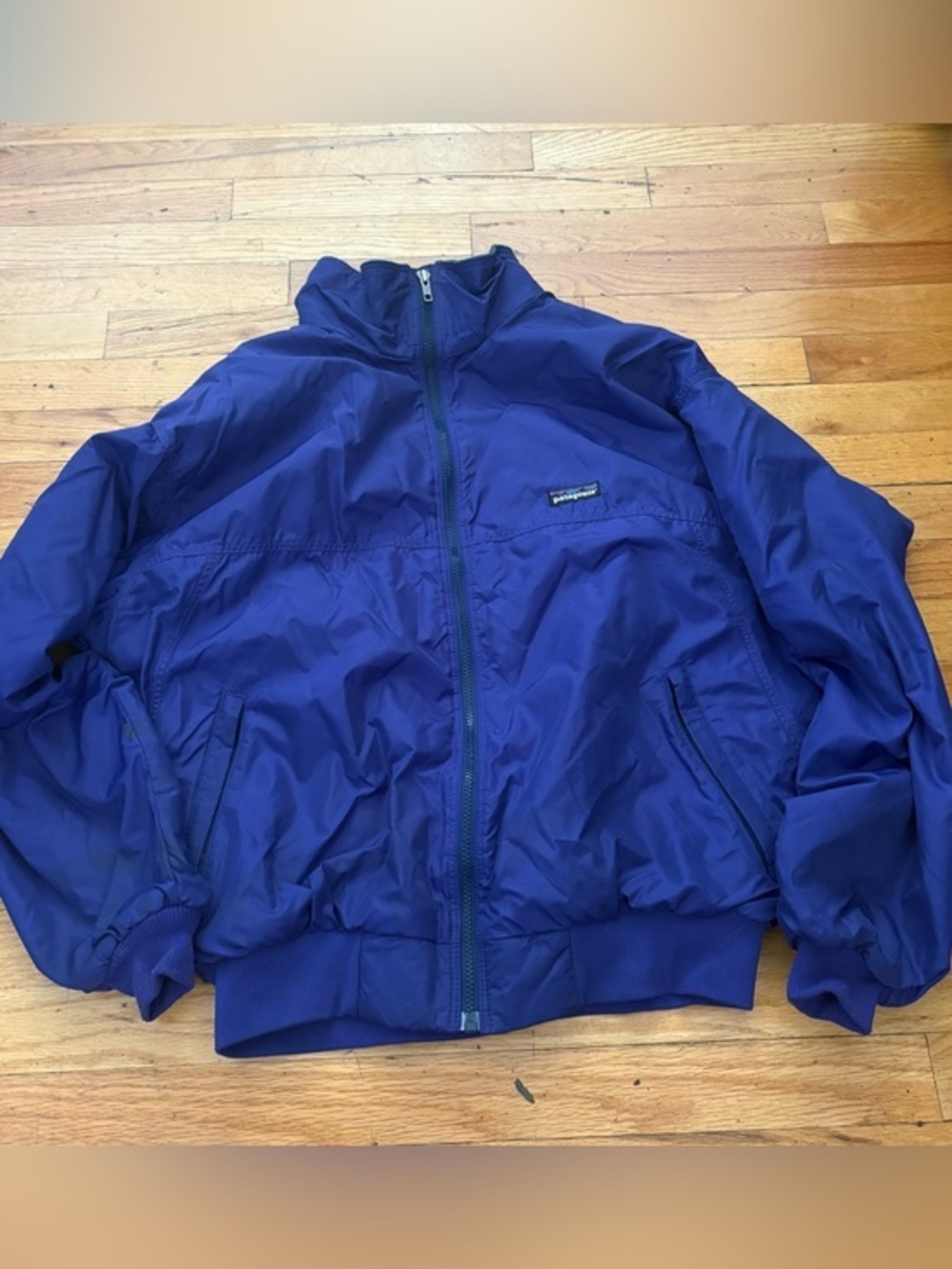 Patagonia Blue Fleece Lined Bomber Jacket Full Zip Embroidered Back Size Large